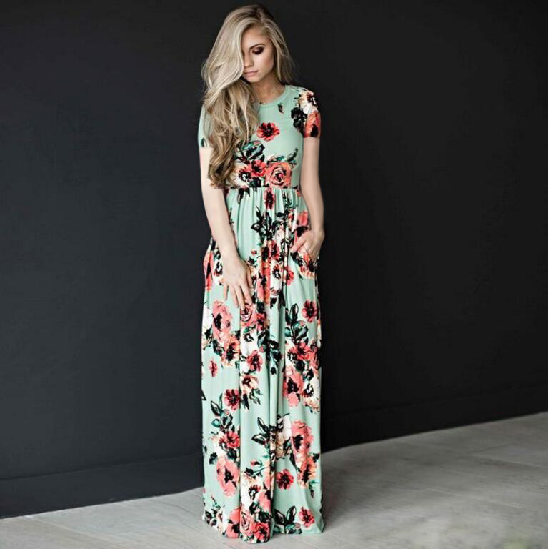 SZ60130-3 Womens Short Sleeve Floral Print Maxi Dress With Pockets